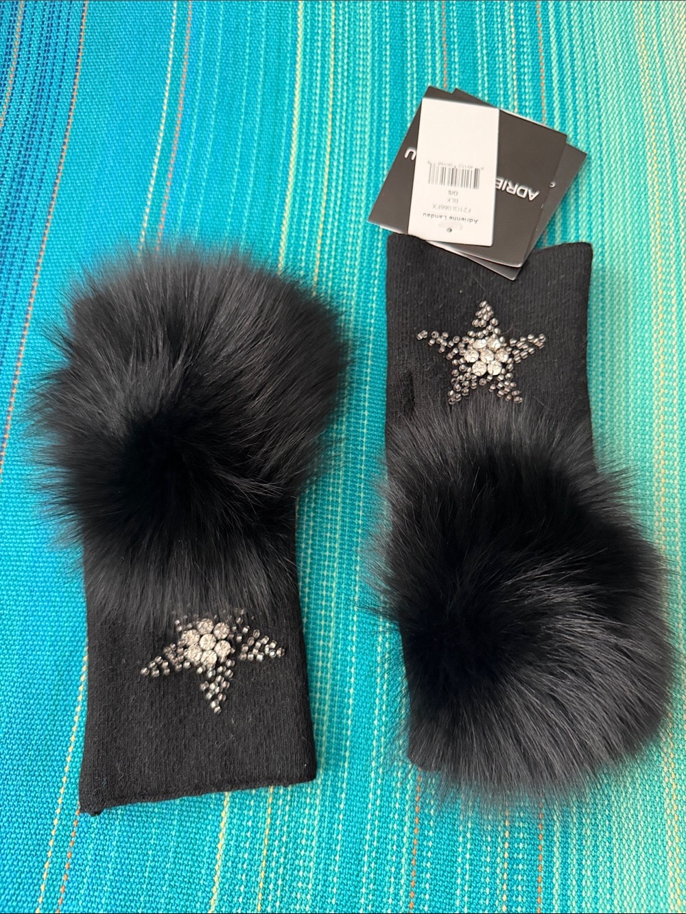 Adrienne Landeau Women's Fur Black Pom Fingerless Gloves with Crystal Star